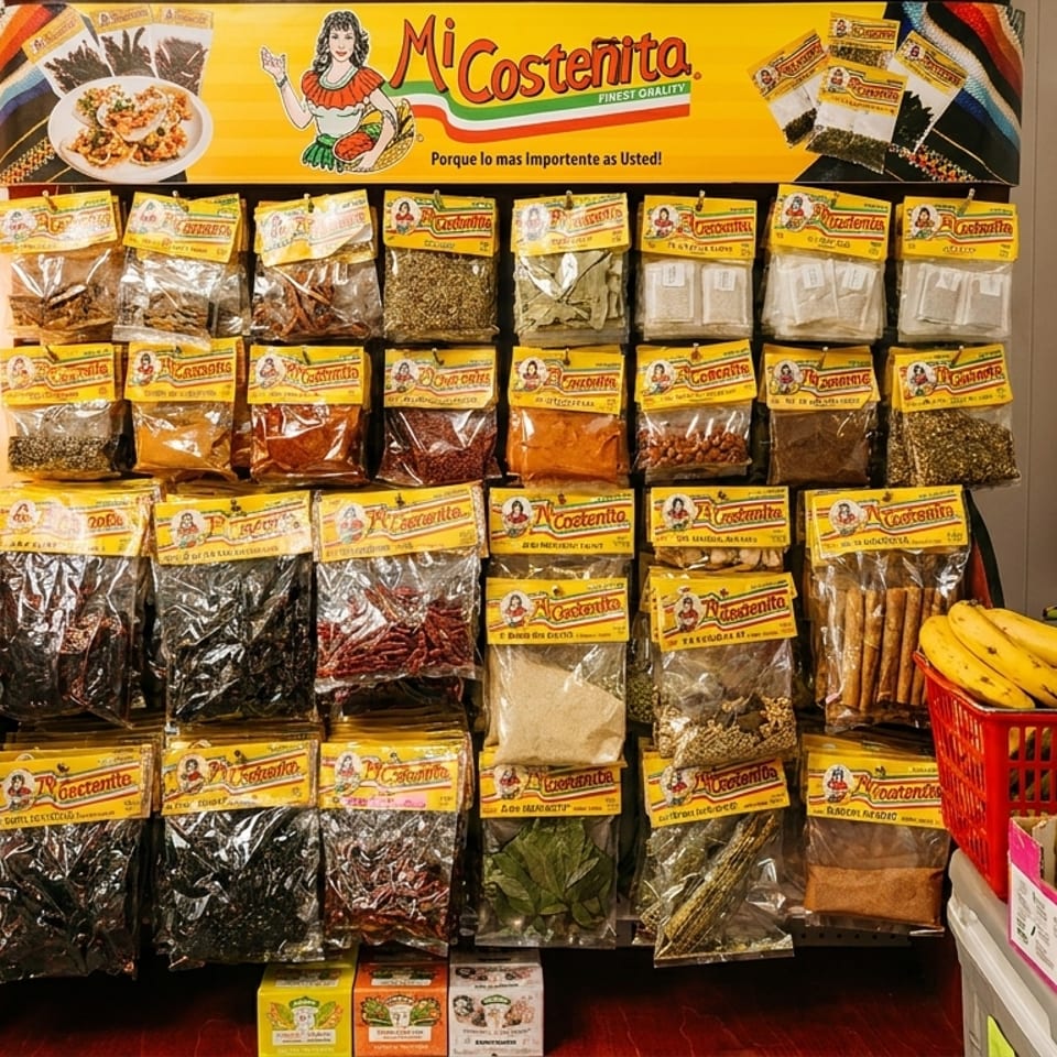 A display of Mi Costeñita spices and dried goods, with fresh bananas and mangoes nearby.