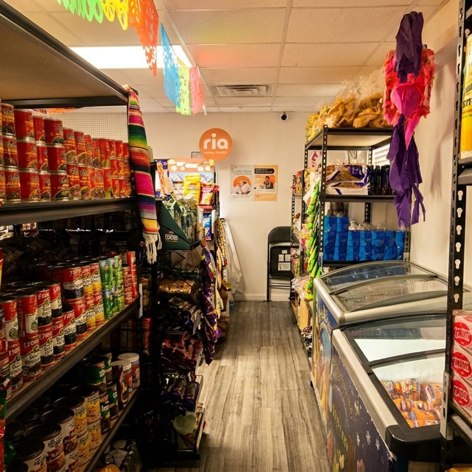 A narrow grocery store aisle with shelves stocked with canned goods, snacks, and household items.