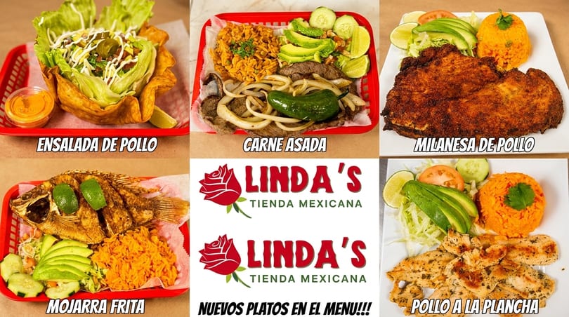 A collage of five Mexican dishes: chicken salad, carne asada, breaded chicken, fried fish, and grilled chicken.